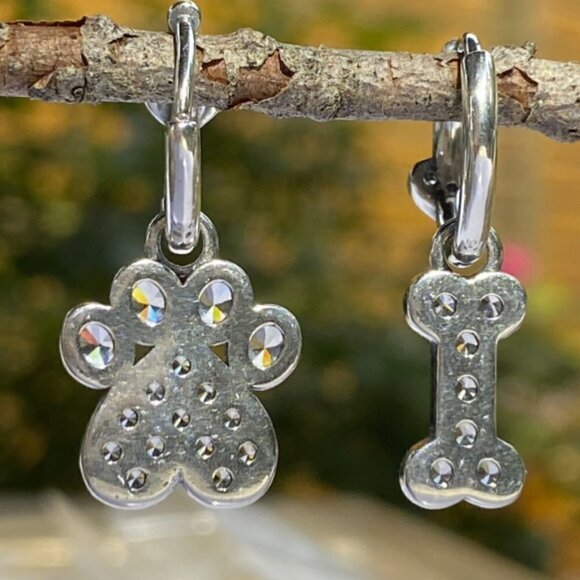 Sterling Silver Paw Print and Bone with Cubic Zirconia Stones Earrings - Picture 3 of 5